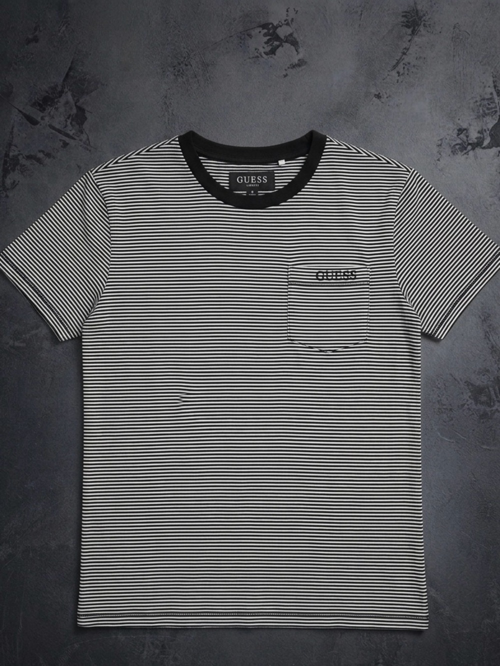 Guess Black & White Striped Pocket T-Shirt Embroidered logo Medium